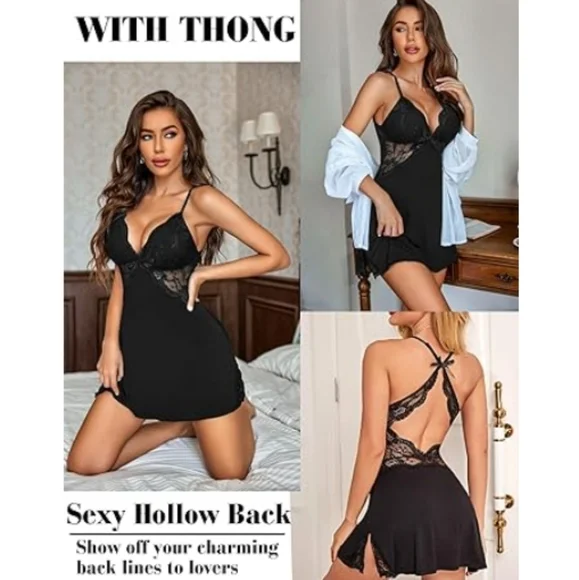 Nightie Lingerie Lace Chemise Sleepwear Babydoll Teddy Nighty Dull Black - Picture 5 of 7